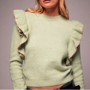 NWT ZARA Ruffled Sleeve Green Sweater SMALL